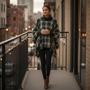 Green Plaid Serra Poncho With Ribbed Turtleneck & Fringe Hem